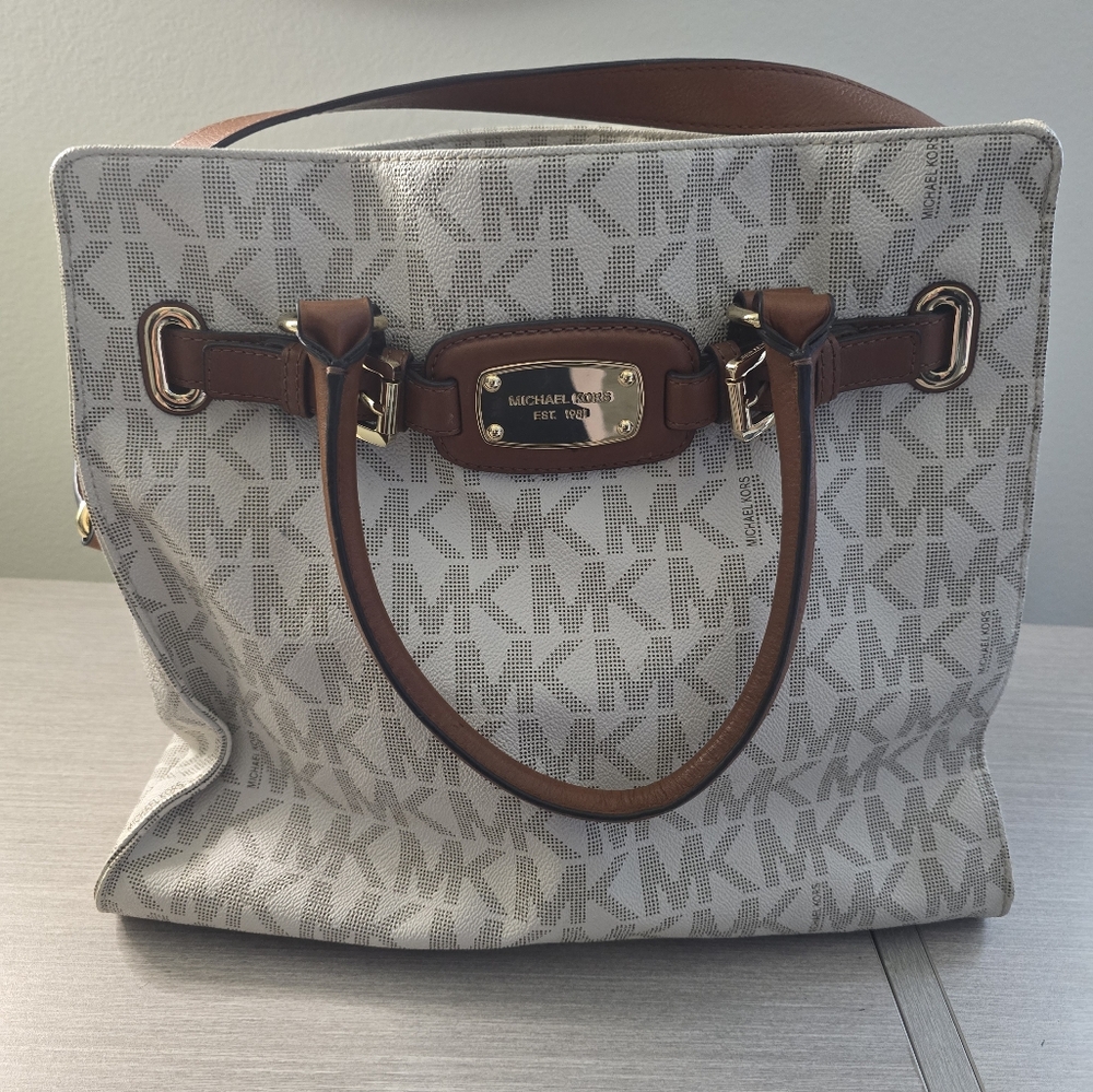 Michael Kors Gray and Brown Shoulder Bag with Monogram Design